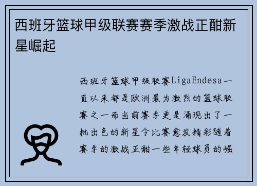 西班牙篮球甲级联赛赛季激战正酣新星崛起